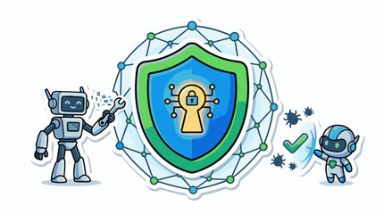 Obraz premium Two robots protect a shield with a lock symbol against cyber threats