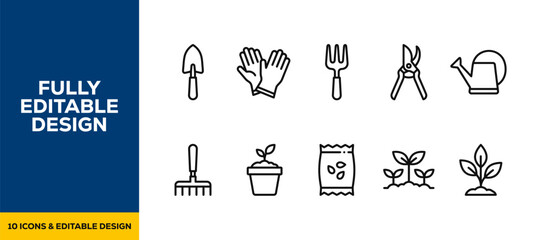 Black ink scribble hand drawn gardening tools icons vector set featuring rake shovel and watering can for landscape design plant care and organic farm branding graphics art. © Nihal