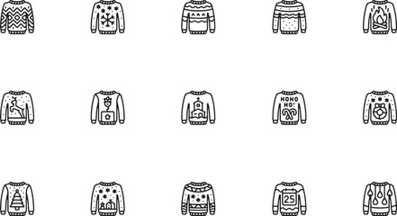 Cozy winter holiday apparel outline vector icon collection featuring traditional ugly Christmas sweaters with festive reindeer snowflakes and geometric knit designs © Mr. Akash