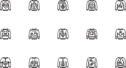 Festive winter holiday apparel outline vector icon set featuring traditional ugly Christmas sweaters decorated with reindeer snowmen and snowflake knit patterns © Mr. Akash