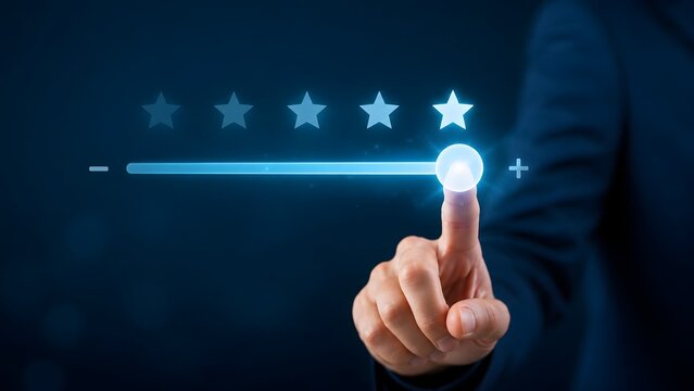 Hand interacting with a digital interface to leave a five star rating symbolizing superior customer experience and business excellence