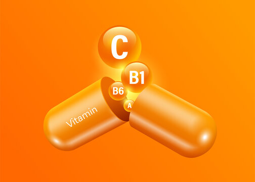 Vitamin supplement capsule are opened and pills or C,B1,B6,A vitamin tablets float out of capsule for advertisement about medicine or health supplements, vector 3d isolated for advertising design