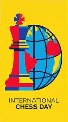 Obraz premium Chess king piece standing beside a globe illustration for International Chess Day. Symbol of global strategy, logic, and mind game championship. Creative graphic design for sports event.