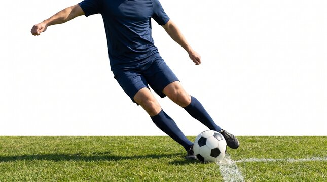 Anonymous soccer player performing a sideline crossing action near the touchline isolated on white background