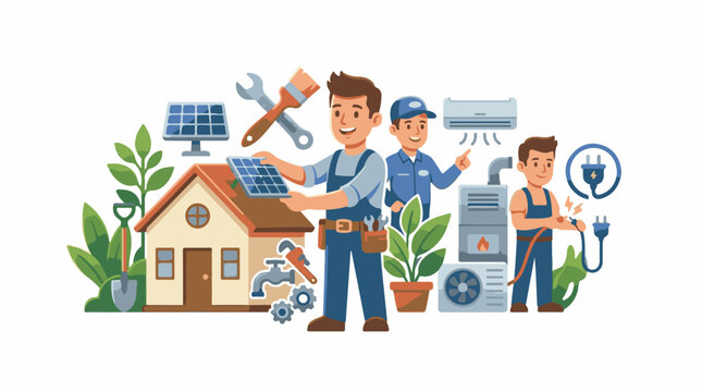 Workers install solar panels air conditioners and heaters for a home