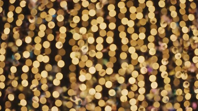 A vibrant scene of numerous gold confetti pieces scattered across a dark background