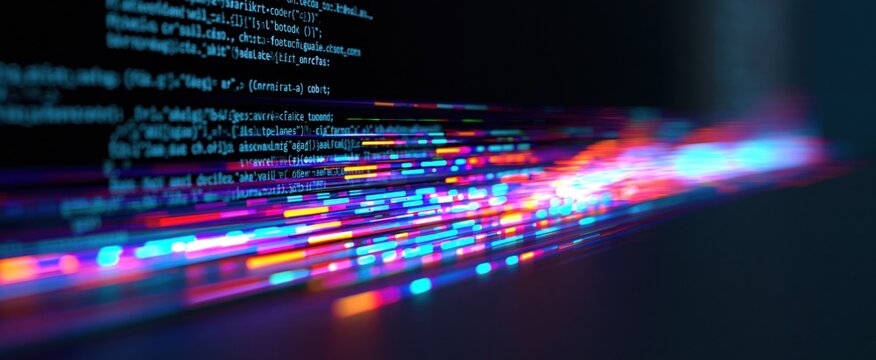 Glowing digital data stream with programming code and glitch effects in a dark high-tech setting 