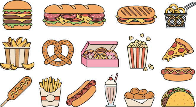 Fast food clipart collection featuring burgers sandwiches fries hot dogs tacos donuts popcorn and snack favorites vector illustration set