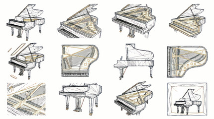 Collection of elegant grand piano illustrations in various styles. © Untung