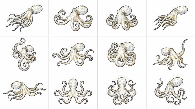 Collection of stylized octopus line art illustrations.