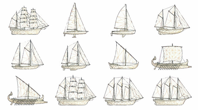 Collection of vintage sailing ship illustrations in line art style.