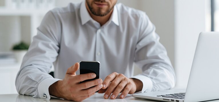 In a contemporary office, a professional manages emails using both smartphone and laptop, showcasing effective multitasking and digital communication.