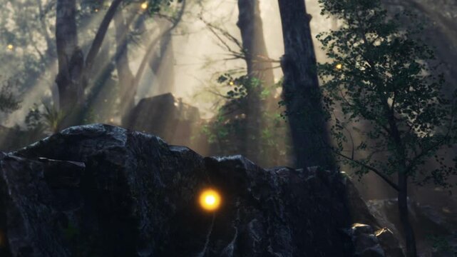 Sunlight breaks through the branches of tall trees in a forest. Rocks are visible on the ground. The scene takes place in the early morning when light creates bright spots.