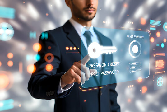 A businessman in a suit interacts with a digital password reset interface on a futuristic screen
