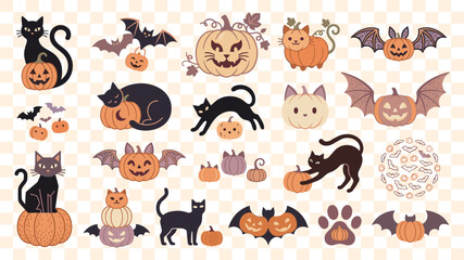 Obraz premium Cute black cats playing with pumpkins and bats for Halloween.