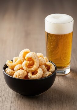 Golden crispy pork rinds in a dark ceramic bowl next to a chilled glass of light lager with foam and condensation on a wooden surface, wood, refreshment, black bowl