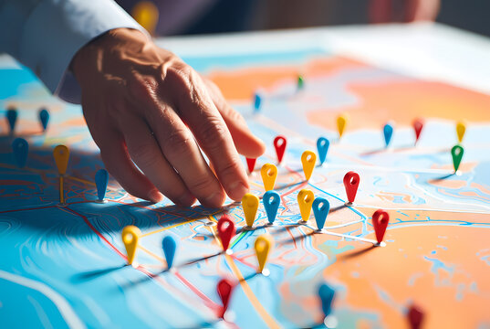 A person's hand pointing to a location on a map with colorful pins