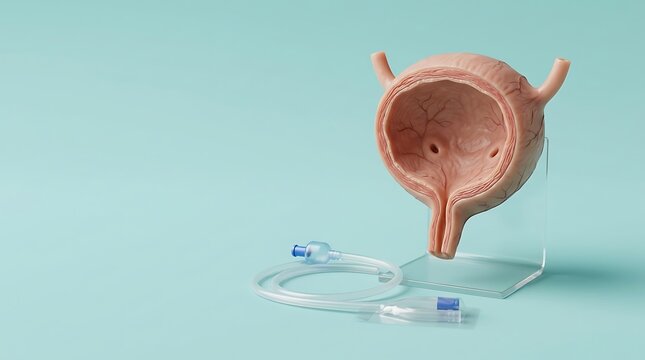 Human Bladder Model and Urinary Catheter on Cyan Background