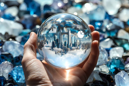 A hand holding a crystal ball with a cityscape reflection on a pile of blue and clear crystals