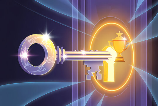 A shiny key with a trophy icon in the background, symbolizing achievement and success