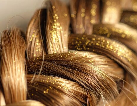 Close-up macro shot of braided hair adorned with shimmering golden glitter