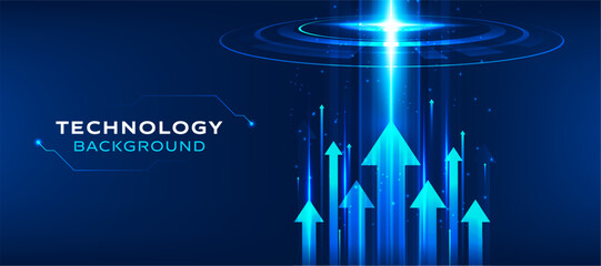 Blue technology background with glowing growth arrows for business banner design. Futuristic digital vector illustration with abstract light neon rings for tech presentation. © StudioPixel2