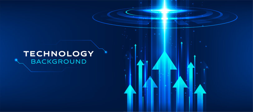 Blue technology background with glowing growth arrows for business banner design.
Futuristic digital vector illustration with abstract light neon rings for tech presentation.