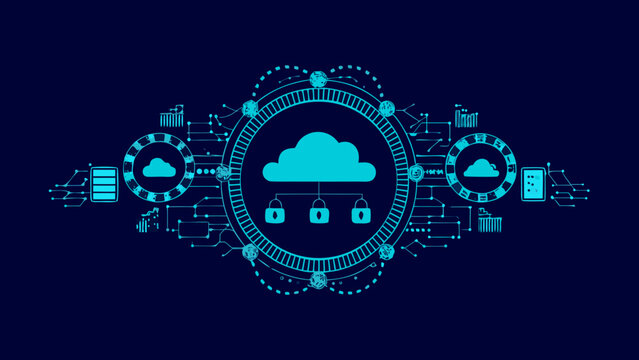 Circular network diagram with a white cloud and connecting lines in a digital vector style