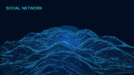 Abstract mountain range vector illustration with glowing blue lines on a dark background © Bikas