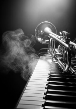 Nostalgic black and white scene of brass instruments and piano keys in a smoky room, capturing the emotion and artistry of live jazz music, artistry, blues, music