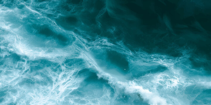Abstract blue water surface flowing into a pool merging with ocean waves, sea surf and coastal tide motion under sky, summer nature texture with foam and storm energy