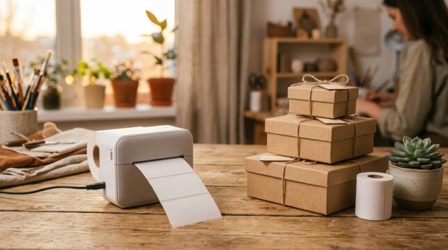 Label printer on wooden table next to stack of cardboard gift boxes. Small business owner woman preparing parcel for shipping. Home office work, packaging and logistics concept.