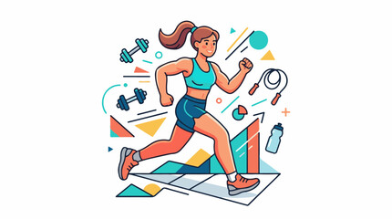 Fototapeta premium Fit woman running amidst abstract shapes and gym equipment