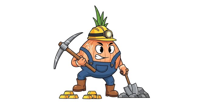 Cartoon lumberjack with axe and tree stump.