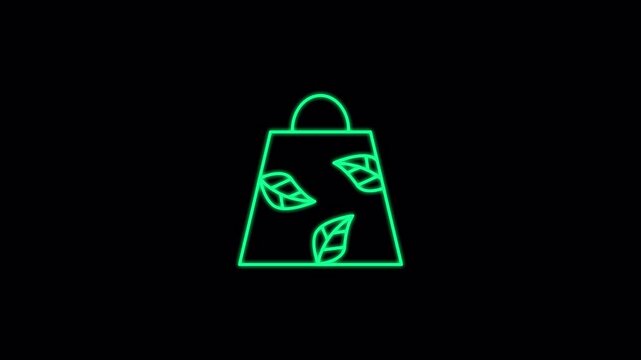 Nature bag glowing neon lineart with alpha channel on transparent background. 4k motion graphic. Renewable Energy Icon Set Animation. Suitable for environment content.