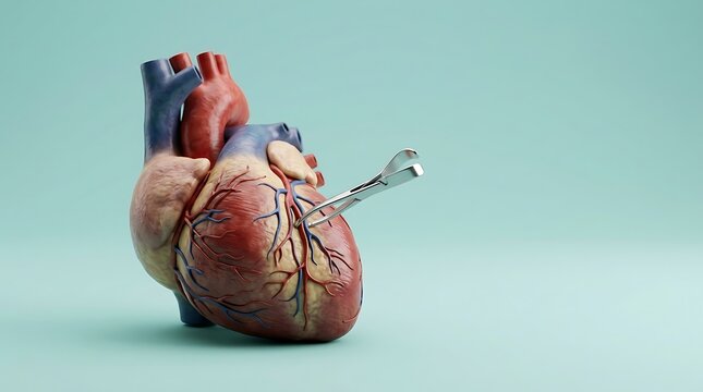 3D Render of Human Heart with Surgical Clamp for Cardiac Surgery