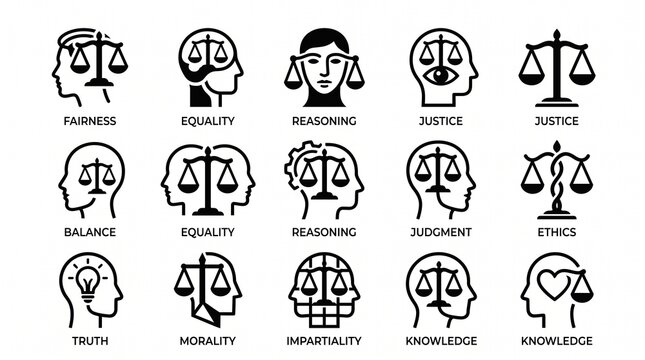 Scales of justice icons with human head outlines, symbolizing fairness, equality, and moral reasoning in minimalist vector style.