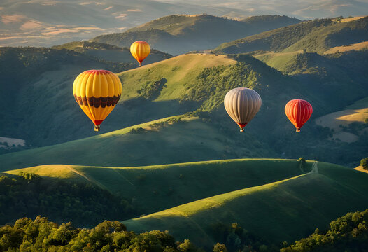 Four hot air balloons floating over green hills at sunset