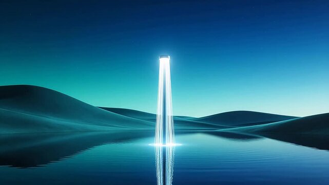 Surreal glowing pillar in desert