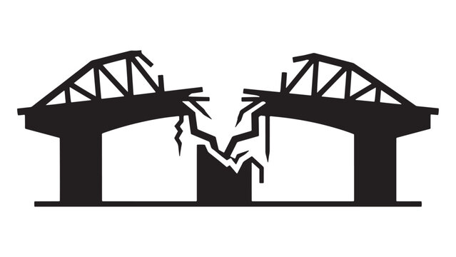 Collapsed bridge silhouette with cracked spans and broken support structure
