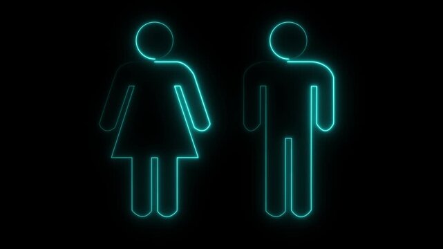 Glowing neon man and woman icon, symbolizing gender equality teamwork, people, communication and unity on a black background.