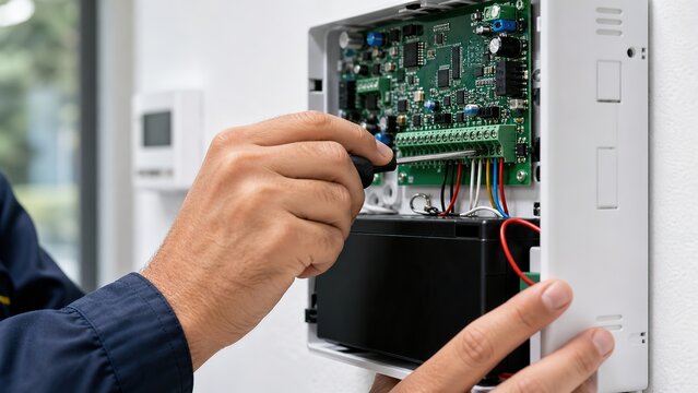 Technician repairing an electrical control panel with circuit board and wiring in modern office environment for maintenance and technical support in systems installation and upgrades