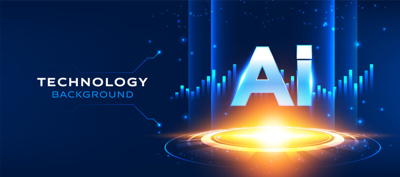 AI technology chart background with glowing gold hologram podium for banner design.
Futuristic digital vector illustration with artificial intelligence text and blue financial graph.