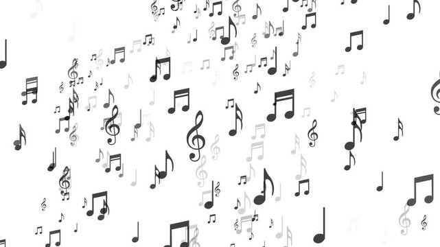 Musical notes float outward from the center and flow forward, starting small and growing larger as they approach; this is a melody animation displayed as an overlay with an alpha channel background. 
