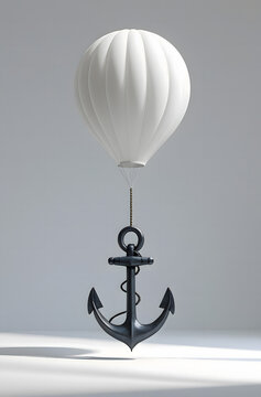 surreal white balloon lifting heavy iron anchor