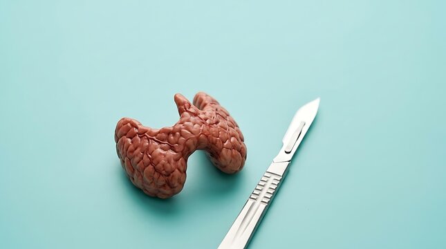 Anatomical Thyroid Gland Model and Surgical Scalpel on Blue Background
