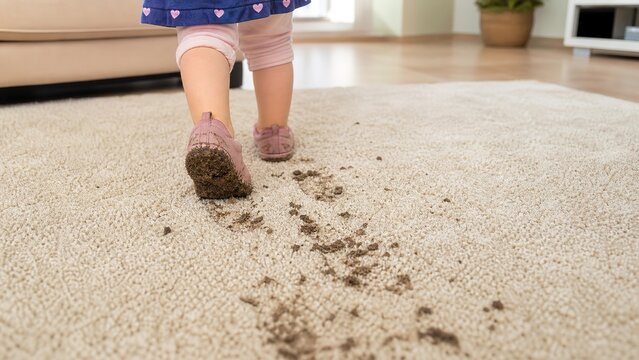 A young child creating muddy tracks on a spotless carpet in a warm living space showcasing the difficulties of being a parent and the chaotic nature of indoor childhood explorations