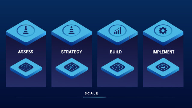 Diamond shaped icons with internal symbols representing stages a vector illustration on a dark blue background