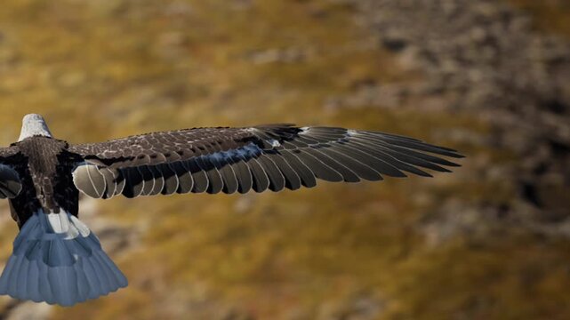 An eagle flies high with its wings spread wide over a natural landscape. The scene shows a clear sky and hints of land below. The moment captures the birds flight and freedom.