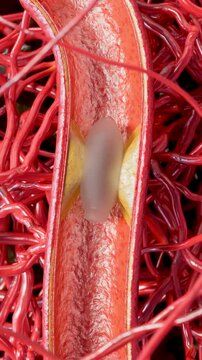 Blocked Artery, Collapsed balloon angioplasty procedure with Coronary stent in vein, blood flow circulation, vessels, cholesterol fat or atheroma blocking circulation, atherosclerosis, 3d render